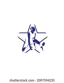 Logo with illustration of a basketball athlete freestyle jumping over the stars and using earphones, this logo is perfect for business or sports related to basketball