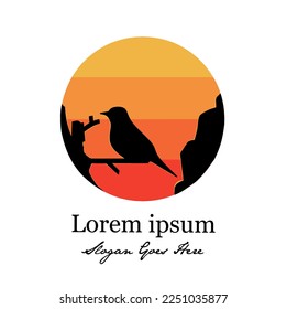 Logo illustration of a bird perched on a tree branch, sun background.