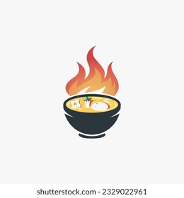 Logo Illustration of a Bowl of Seblak with Fire Flat Vector Design Concept, Good for Foods and Restaurant Logo.