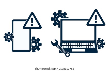 Logo illustration of a broken smartphone or computer. Error warning. Malfunctions and repairs. Computers and cell phones.