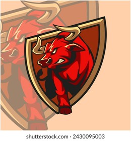 Logo-Illustration eines Bulls feurig aus dem Schild-Symbol, das hell und fett aussieht