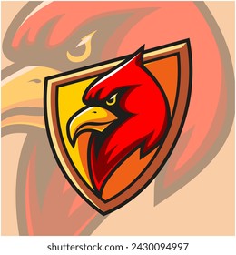 logo illustration of a cardinal head out fiercely from the shield icon, which looks bright and bold