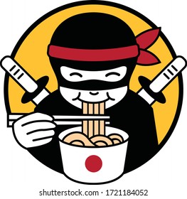 Logo Illustration Character Mascot of Japanese Ninja Eating Ramen or Noodle 