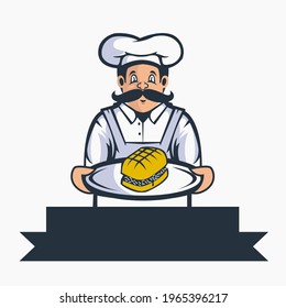 Logo, illustration of a chef holding a cake on a plate Vector Illustration