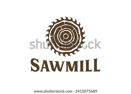Logo illustration of a circular saw in the middle of a wooden log symbol, woodworking sawmill industry, cutting down trees and branches, stump removal service.