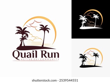 Logo illustration of coconut tree with beach atmosphere, beach plant vector, sunset landscape design.