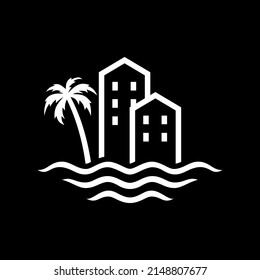 a logo illustration of a combination of buildings with waves and coconut trees