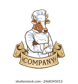 logo illustration of a cow wearing a chef's outfit with a banner underneath