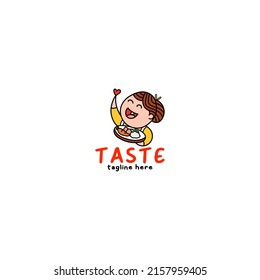 a logo with an illustration of a cute grandmother carrying food with her right hand up holding a love symbol. The meaning of delicious taste