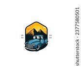 A logo or illustration depicting a blue classic truck against a sunset background, with the silhouette of a mountain and birds in flight