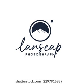 The logo illustration depicts a mountain view inside the camera lens. This logo is suitable for use as a photography logo.