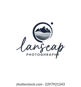 The logo illustration depicts a mountain view inside the camera lens. This logo is suitable for use as a photography logo