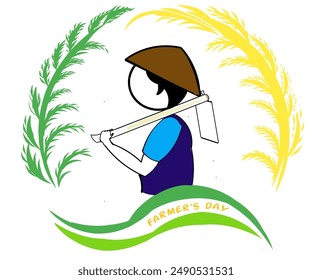 The logo illustration design of a farmer icon wearing a large hat carrying a hoe on his shoulder with curved green and yellow rice.