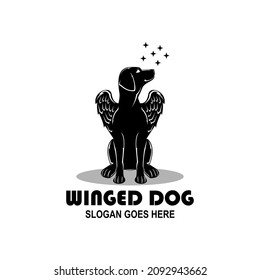 A logo illustration of a dog with wings looking at the stars