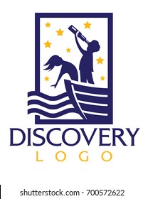 Logo Illustration of explorers on boat with telescope on the ocean on a starry night.