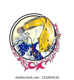 a logo illustration of a fish with a hook on a sea background

