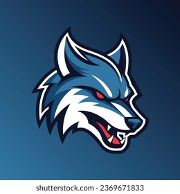 logo illustration of a fox creature, bold shades of blue. In the style of Sport and E-sport logos and mascots. Perfect for college, varsity or pro sport teams