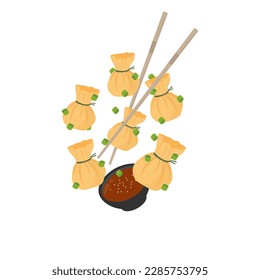 Logo-Illustration von Pommes Dim Sum Money Bag Dumplings Bereit zum Essen mit Sauce