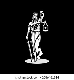 A logo illustration of a goddess holding a scale. Meaning the goddess of justice.