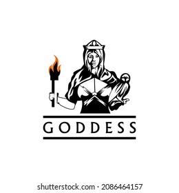 A logo illustration of a goddess holding a torch and with an owl. Perfect for creative industry logos