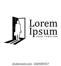 logo illustration of human in front of the door with black color, negative space logo.