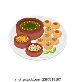 Logo Illustration line art of Pani Puri Or Golgappa on a plate with additional side dishes