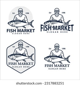 logo illustration of a man holding a tuna fish with both hands