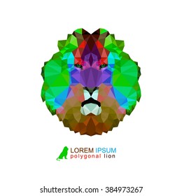 Logo illustration of many triangles. Abstract colorful head of lion. Can be used as emblem, sign, banner, sticker, icon...
