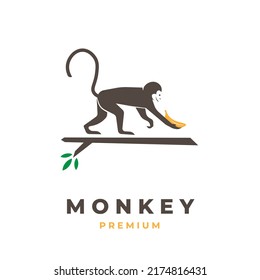 Logo illustration monkey carrying banana on the tree