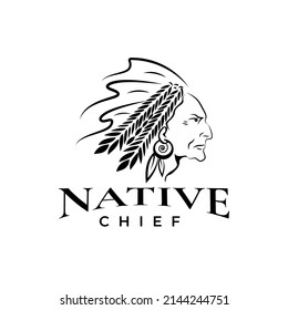 Logo illustration Native American Indian tribal chief profile, design template, symbol