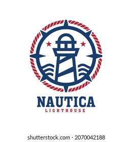 logo illustration of nautical lighthouse with rope and compass, suit for marine company