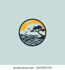 logo illustration of ocean and tree on white background