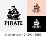 logo illustration of a pirate ship, the screen expands with a skull in vintage style