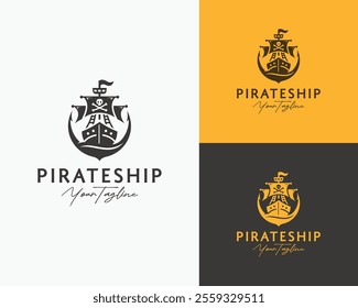logo illustration of a pirate ship, the screen expands with a skull in vintage style