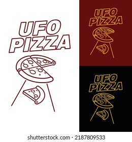 Logo, illustration of a pizza as an UFO, abducting another slice of pizza. Fashionable with modern design. can be used for logo, badge, print, symbol and packaging.