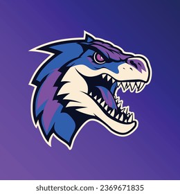 Logo-Illustration eines Raptor-Dinosaurier-Kreaturen, fette Farben von violett und blau. Im Stil von Sport und E-Sport Logos und Maskottchen. Perfekt für College-, Lern- oder Pro-Sport-Teams