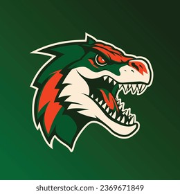 logo illustration of a raptor dinosaur creature, bold shades of orangeand green. In the style of Sport and E-sport logos and mascots. Perfect for college, varsity or pro sport teams