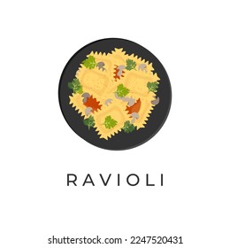 Logo Illustration Of Ravioli Pasta With Tomato Sauce And Cheese On A Black Plate