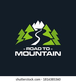 Logo Illustration Of The Road Between The Trees Leading To The Mountain