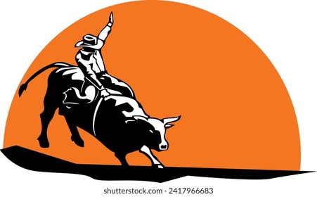 Logo illustration silhouette of rodeo cowboy riding a wild bull with sunset and desert background, Vector illustration