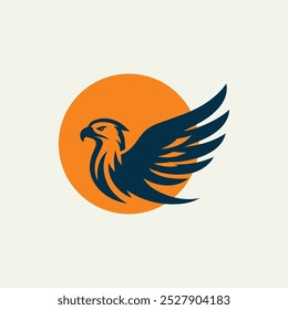 Logo illustration of a simple eagle silhouette inside an orange circle