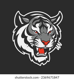 logo illustration of a snow tiger creature, bold shades of grey and white. In the style of Sport and E-sport logos and mascots. Perfect for college, varsity or pro sport teams