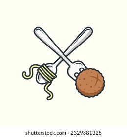 Logo Illustration of Spoon and Fork with Noodle and Meatball for Bakso Indonesian Street Food Logo Design Concept.