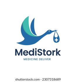 Logo illustration of stork carrying medicine. It is suitable for use as logos for drug supply pharmacies.