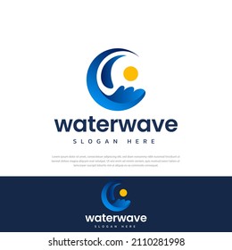 Logo-Symbol für Wellen, die den Ozean rollen, helle Sonne, Symbol, Symbol, Vorlage