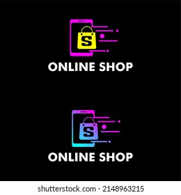 logo illustration template design, online shopping, online shop, with shopping bag icon and gadget editable gradient