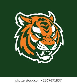 logo illustration of a tiger creature, bold shades of orange, cream and green. In the style of Sport and E-sport logos and mascots. Perfect for college, varsity or pro sport teams