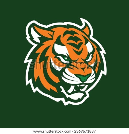 logo illustration of a tiger creature, bold shades of orange, cream and green. In the style of Sport and E-sport logos and mascots. Perfect for college, varsity or pro sport teams