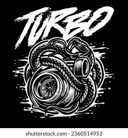 Logo Illustration Turbo Automotive Snake Cartoon Urban Custom Car Black and White