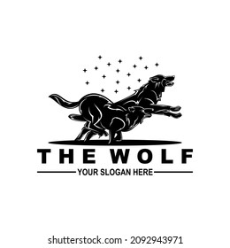 a logo illustration of two wolves running